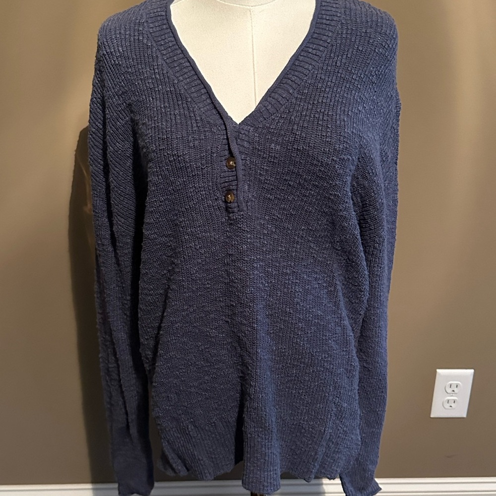 Orvis V Neck Button Blue Sweater Size M